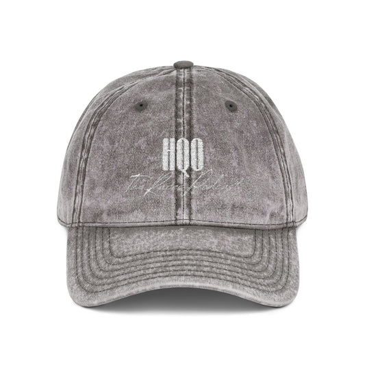 HQO: Vintage Embroidered Dad Hat — Distressed Gray Cap with White Barcode Stitch
