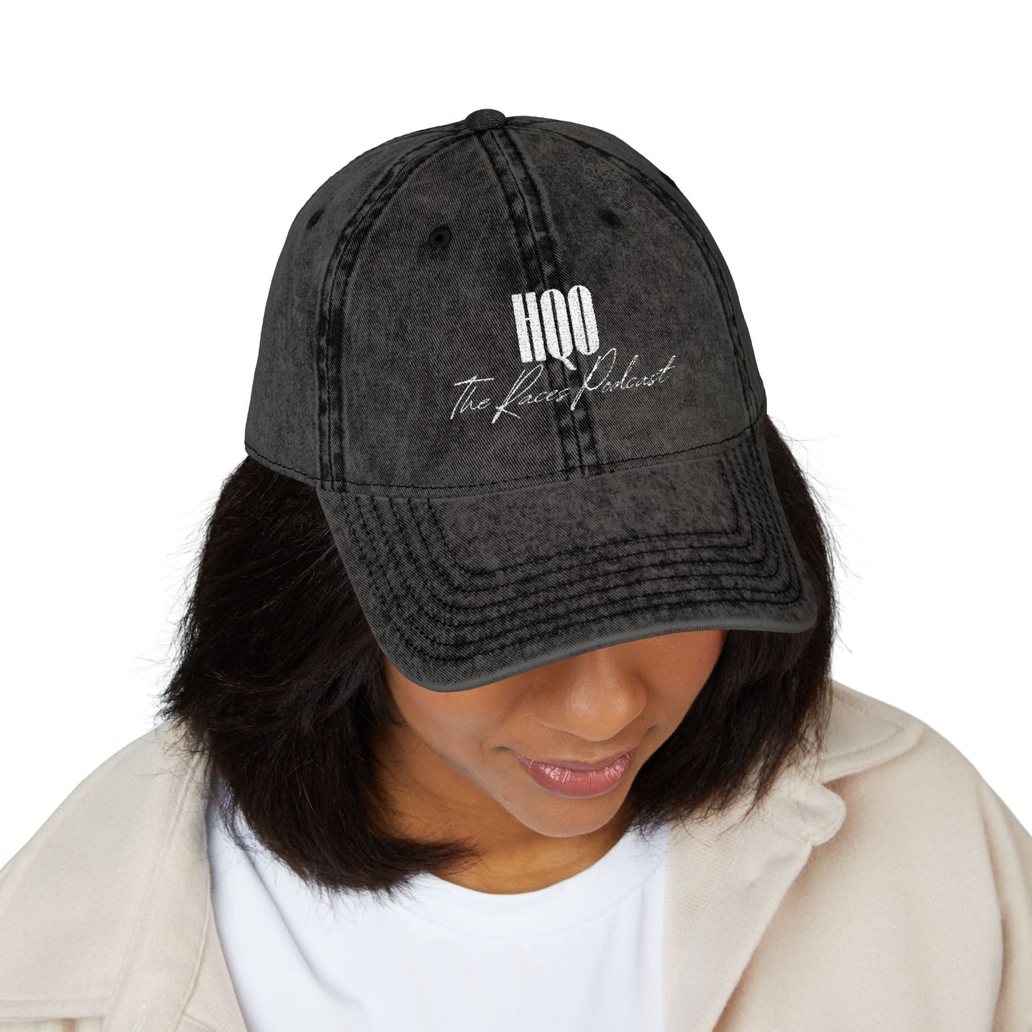 HQO: Vintage Embroidered Dad Hat — Distressed Gray Cap with White Barcode Stitch