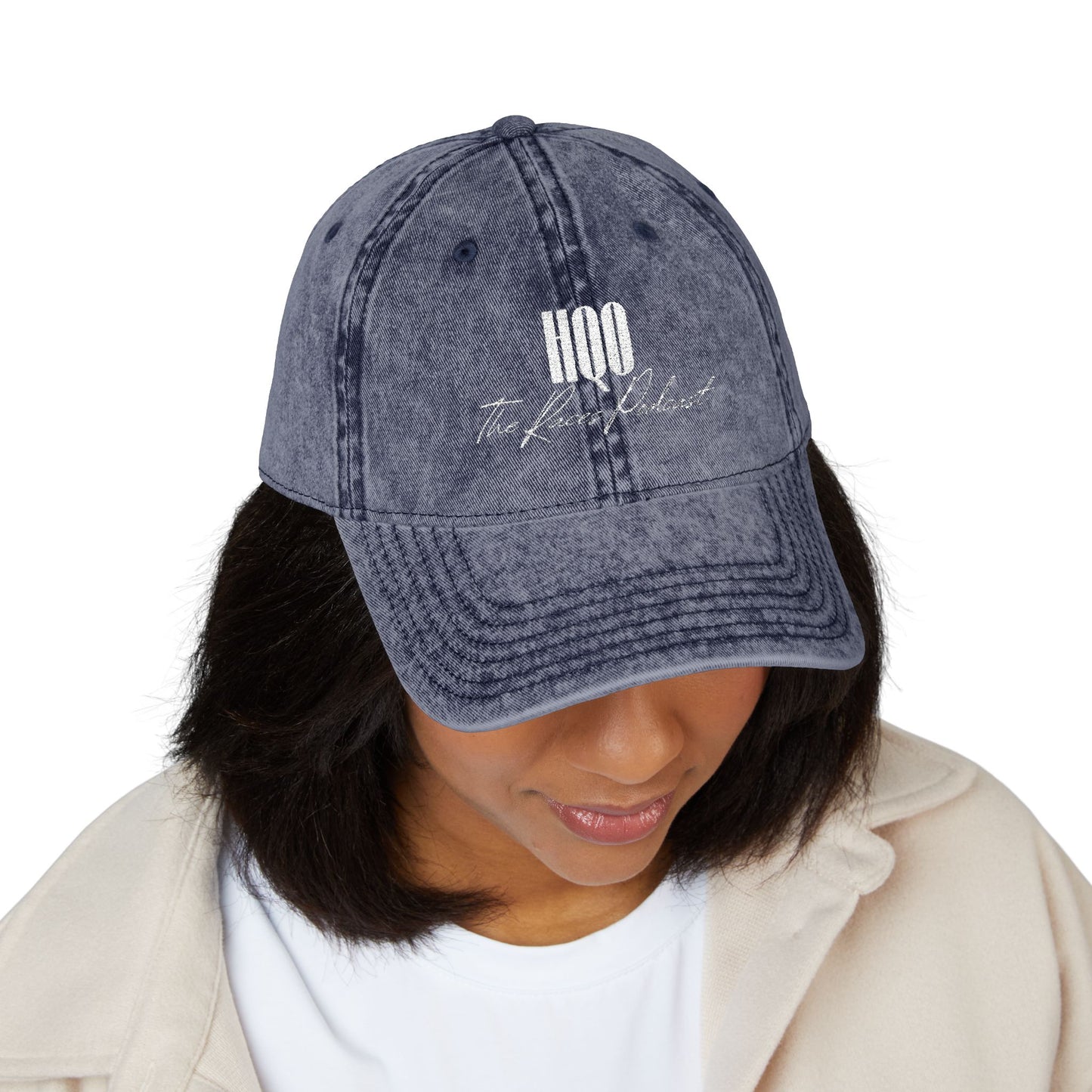 HQO: Vintage Embroidered Dad Hat — Distressed Gray Cap with White Barcode Stitch