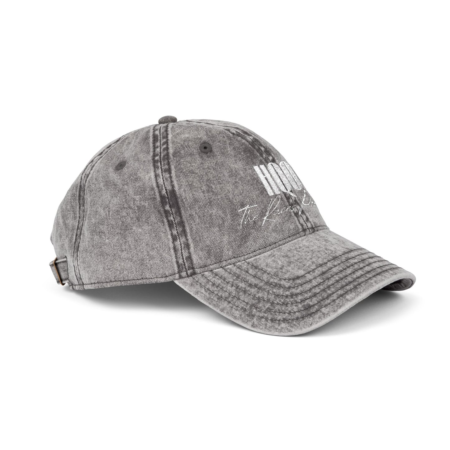 HQO: Vintage Embroidered Dad Hat — Distressed Gray Cap with White Barcode Stitch