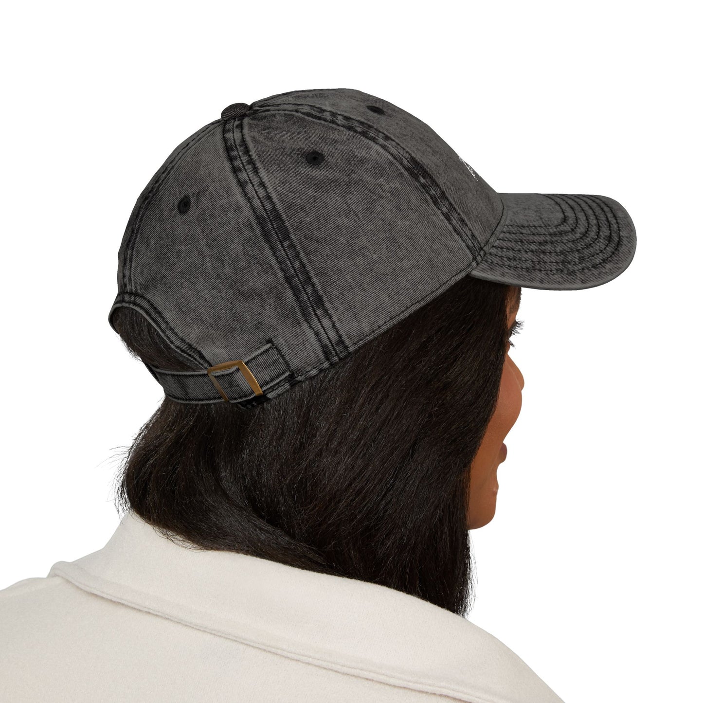 HQO: Vintage Embroidered Dad Hat — Distressed Gray Cap with White Barcode Stitch