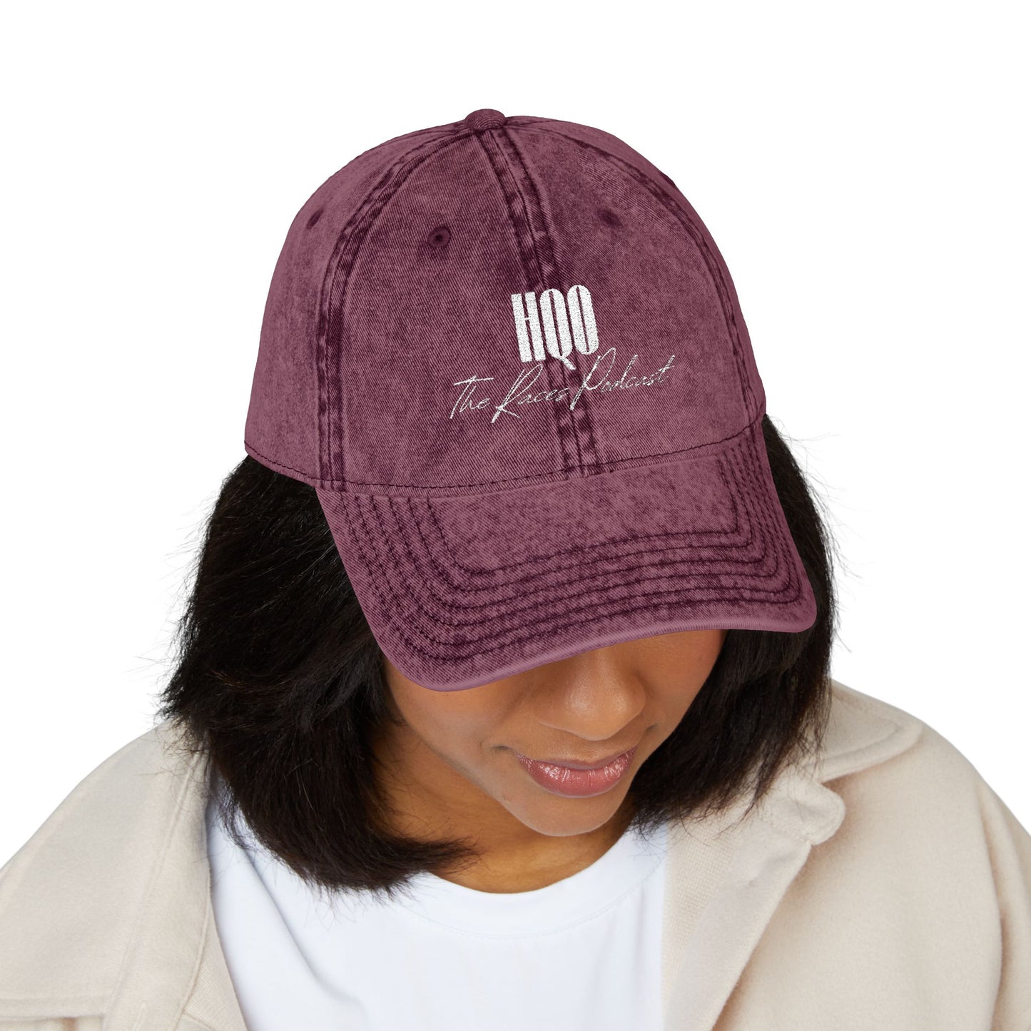 HQO: Vintage Embroidered Dad Hat — Distressed Gray Cap with White Barcode Stitch