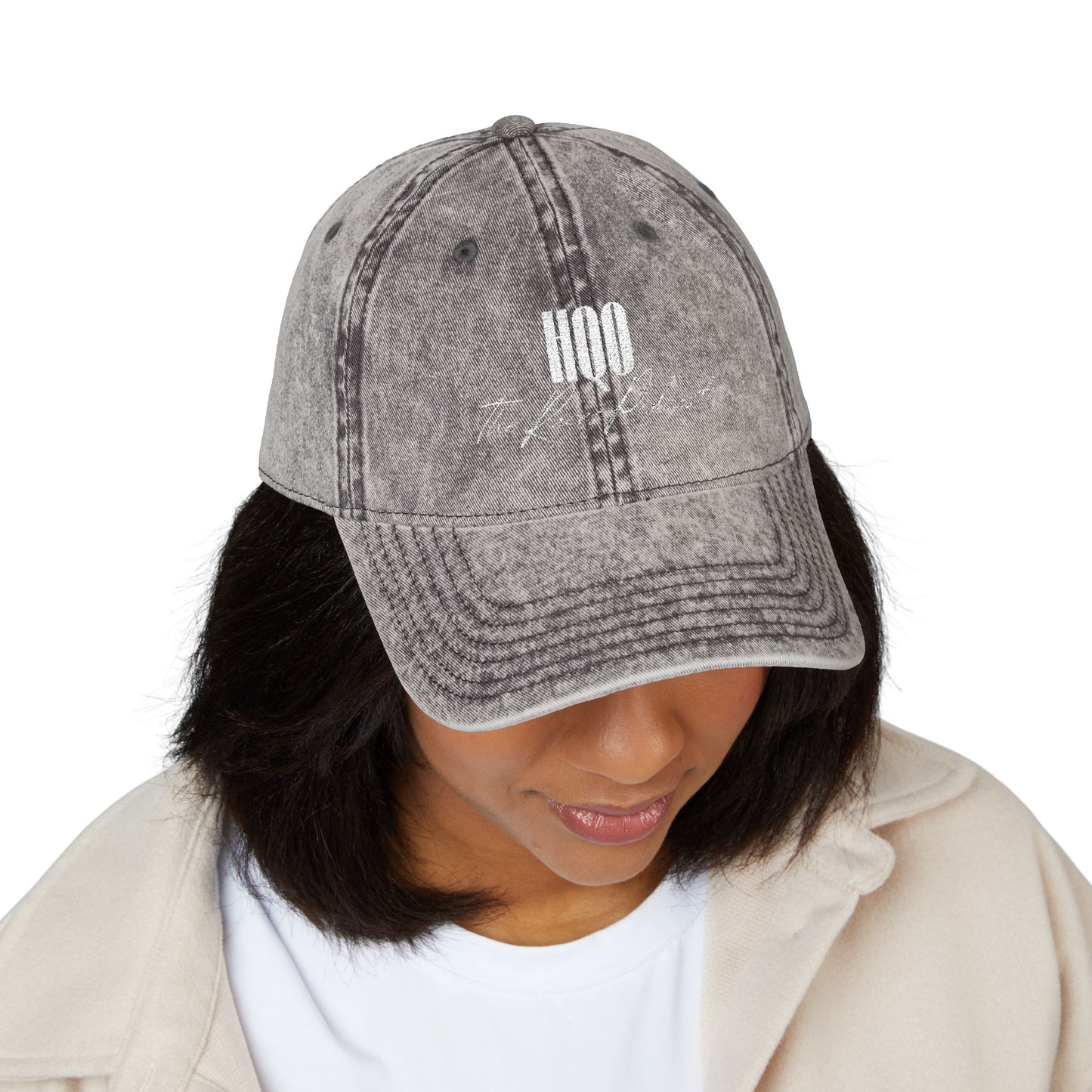 HQO: Vintage Embroidered Dad Hat — Distressed Gray Cap with White Barcode Stitch